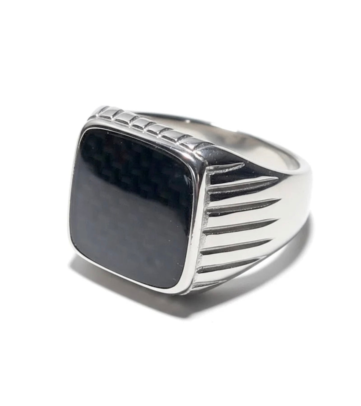 Bague Chevalière Argentée & Carbone Noir – Acier Inoxydable