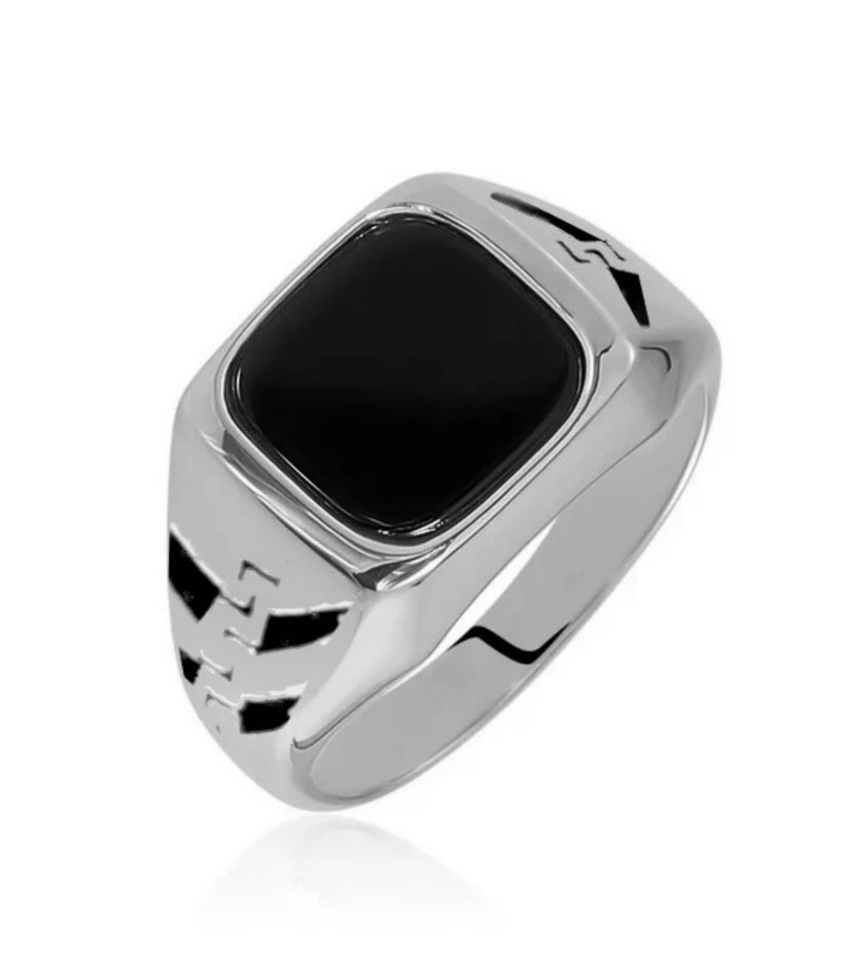 Bague Chevalière Argentée & Noire – Acier Inoxydable 316