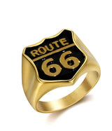 Bague Chevalière Route 66 Dorée & Noire – Acier Inoxydable 316