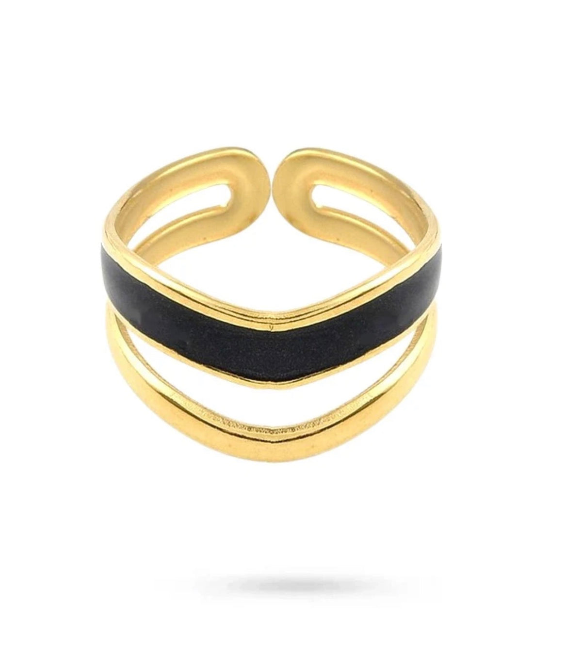 Bague Double Rang Dorée & Émail Noir – Acier Inoxydable
