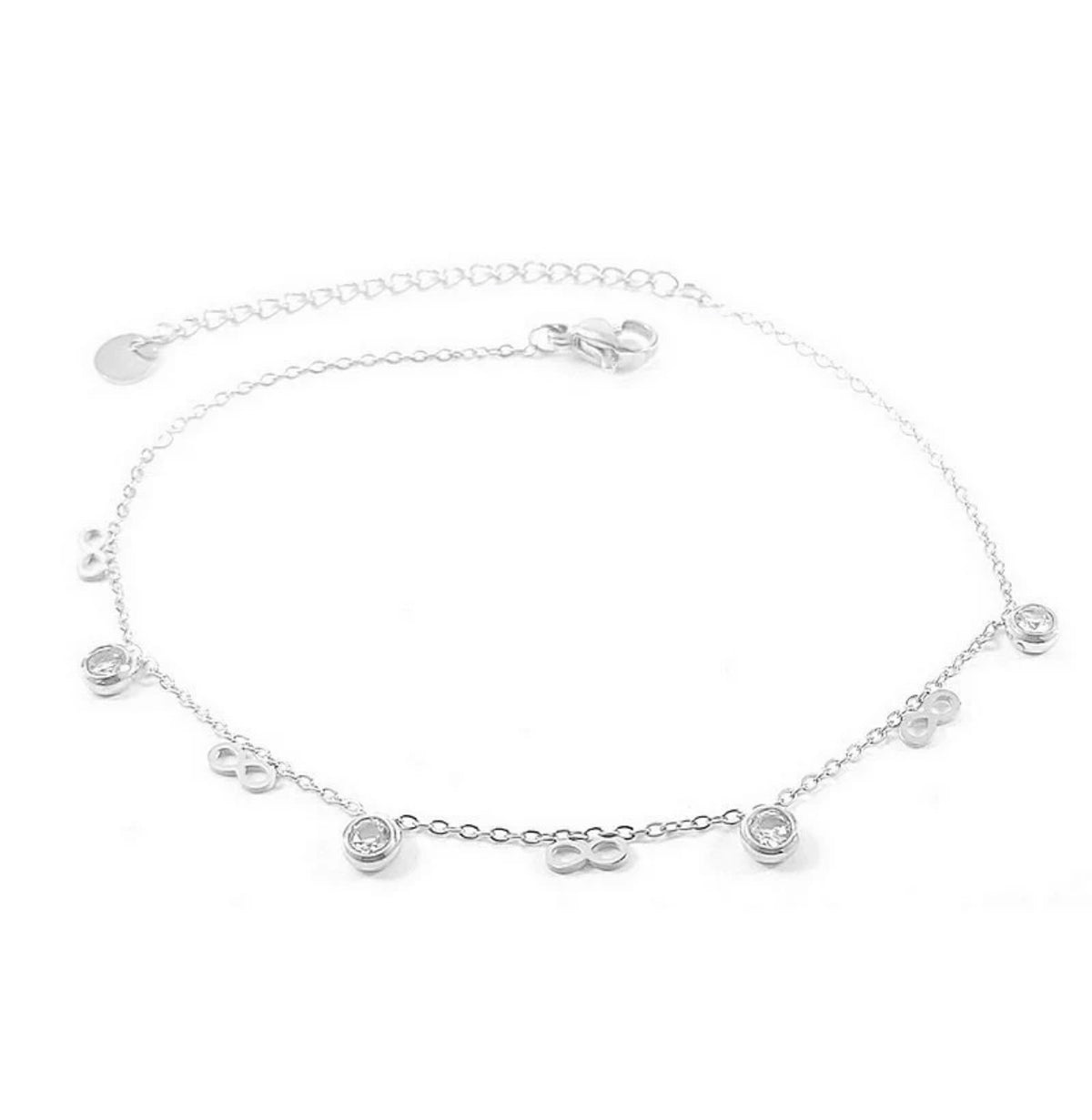 Chaîne de Cheville Infini & Zircons Argentée – Acier Inoxydable