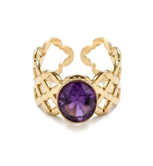 Bague Femme Améthyste Dorée – Acier Inoxydable