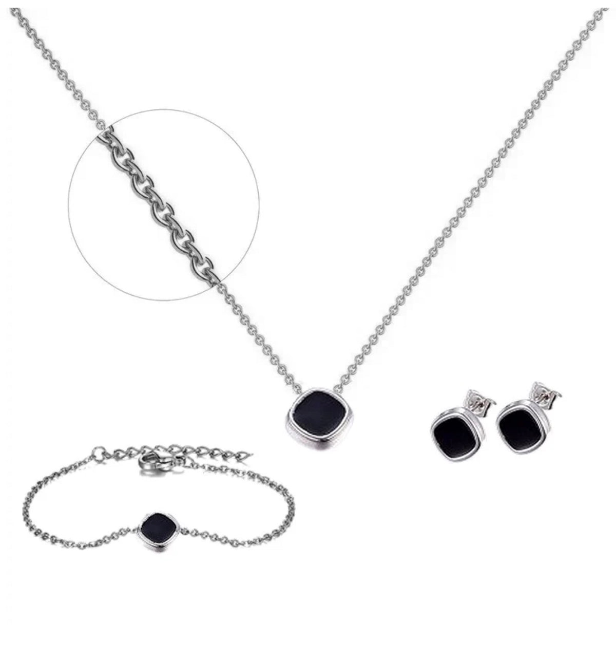 Parure 3 Pièces Noire & Argentée – Acier Inoxydable