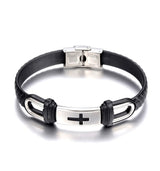 Bracelet Noir Croix Argentée – Acier Inoxydable