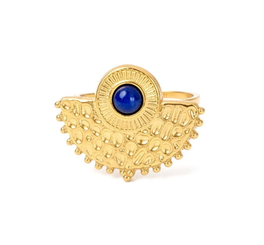 Bague Soleil Lapis-Lazuli Dorée – Acier Inoxydable