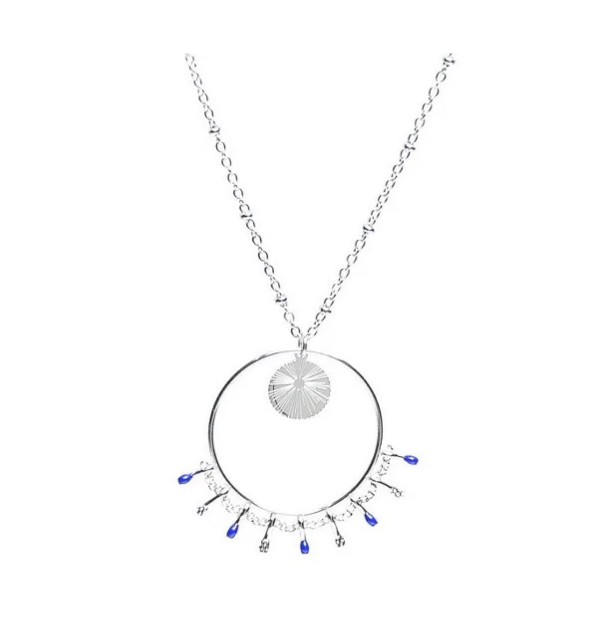 Collier Argenté Cercle & Breloques Bleues – Acier Inoxydable