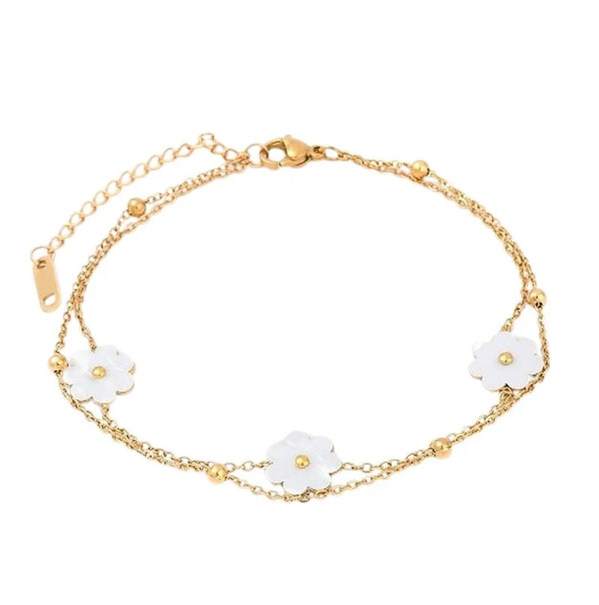 Chaîne de Cheville Double Rang 3 Fleurs Blanches – Acier Inoxydable