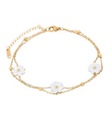 Chaîne de Cheville Double Rang 3 Fleurs Blanches – Acier Inoxydable