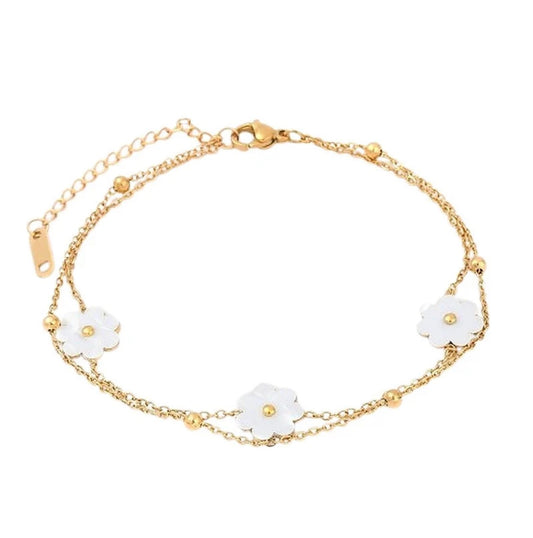 Chaîne de Cheville Double Rang 3 Fleurs Blanches – Acier Inoxydable
