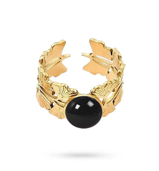 Bague Femme Agate Noire Dorée – Acier Inoxydable