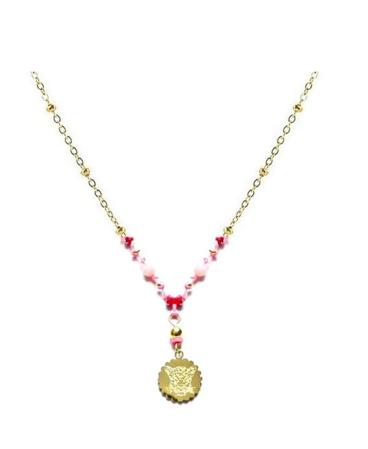 Collier Doré Tête de Tigre & Rhodonite – Acier Inoxydable