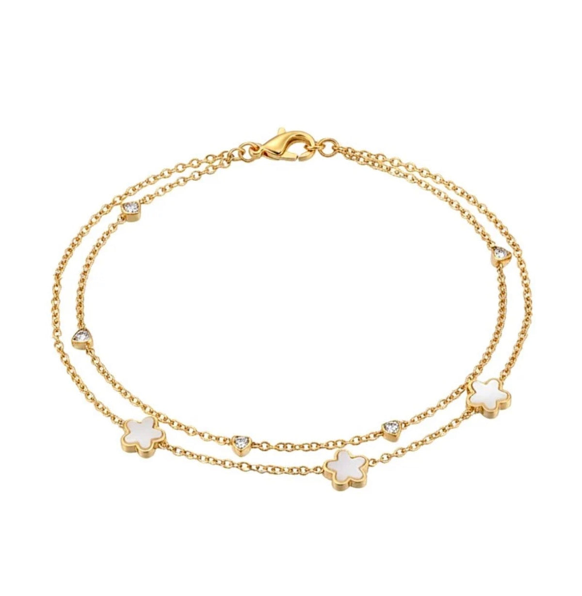 Chaîne de Cheville Double Rang Fleurs Dorées – Acier Inoxydable