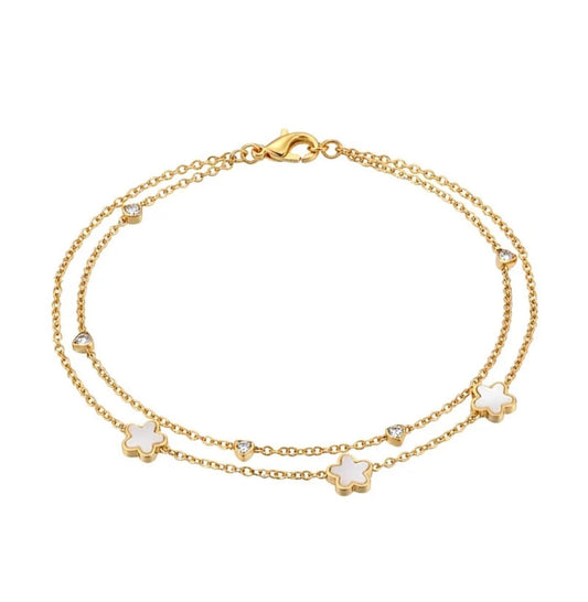 Chaîne de Cheville Double Rang Fleurs Dorées – Acier Inoxydable