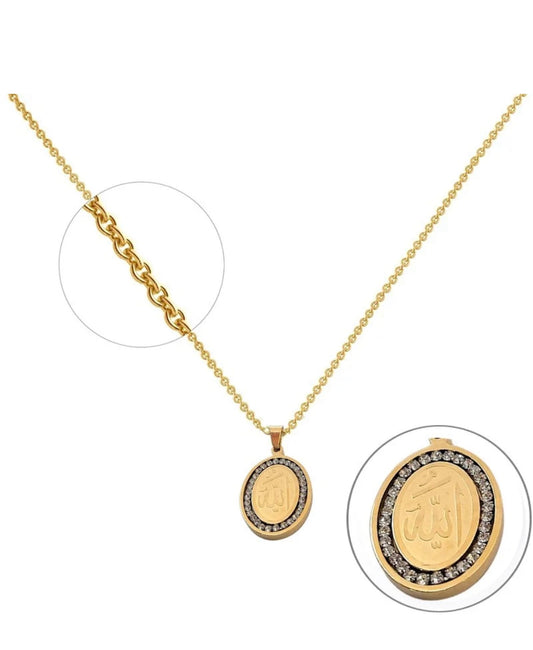 Collier Allah Doré avec Zirconiums – Acier Inoxydable