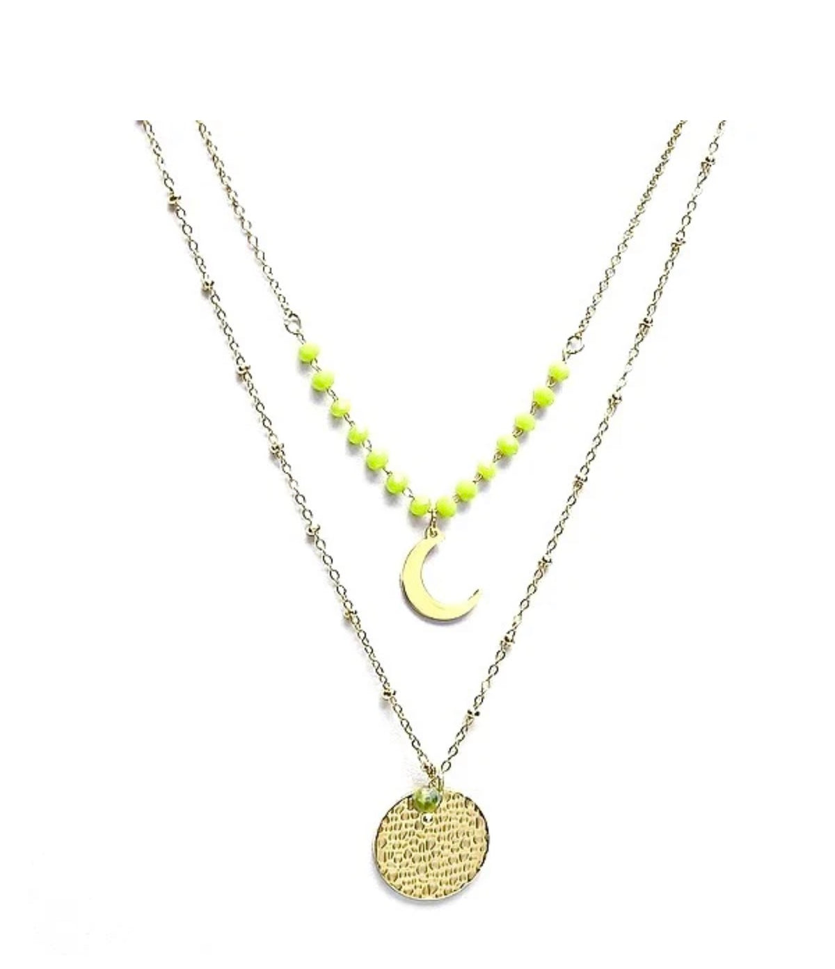 Collier Double Rang Lune & Pierre Naturelle Verte – Acier Inoxydable