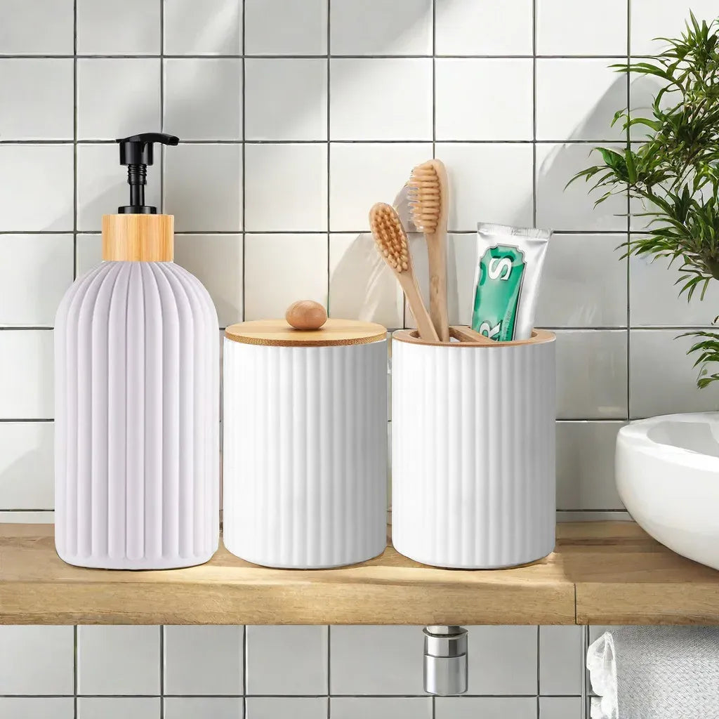 Set de salle de bain — distributeur et rangements bambou