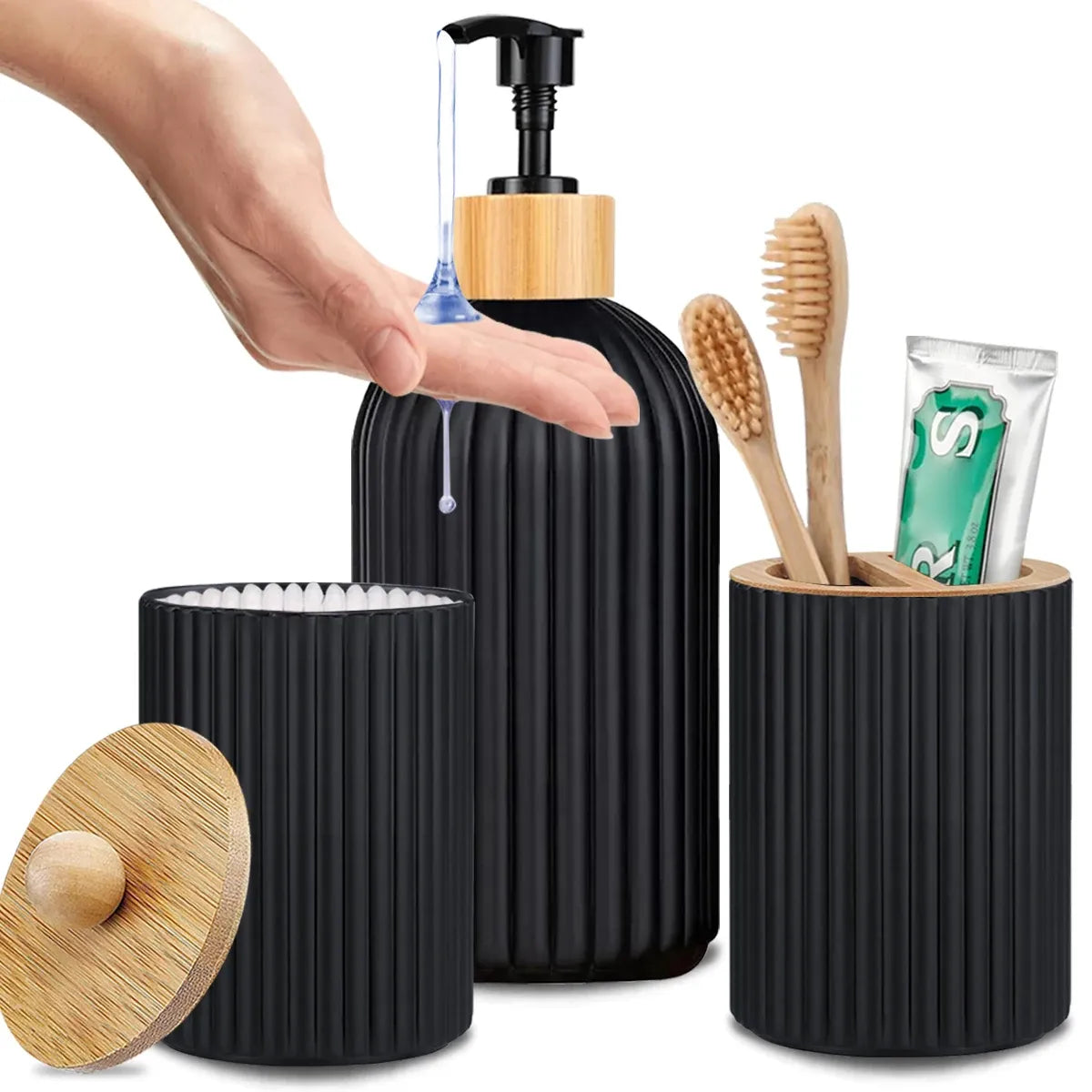 Set de salle de bain — distributeur et rangements bambou