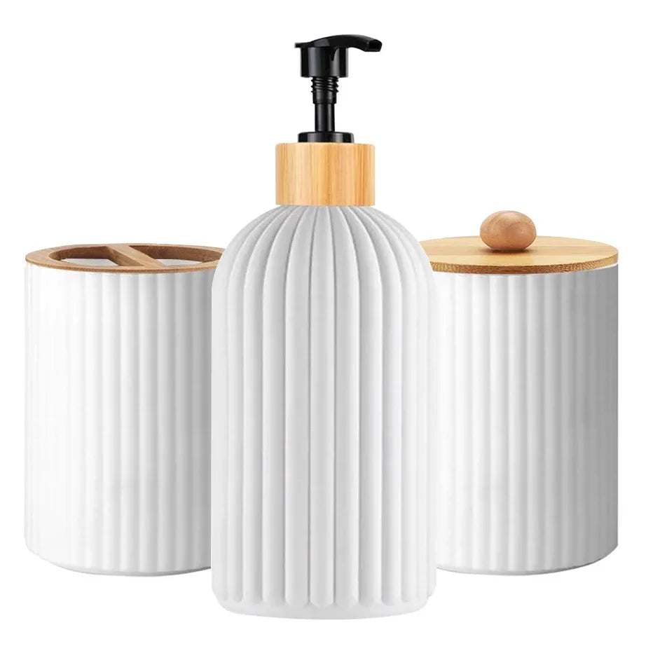 Set de salle de bain — distributeur et rangements bambou